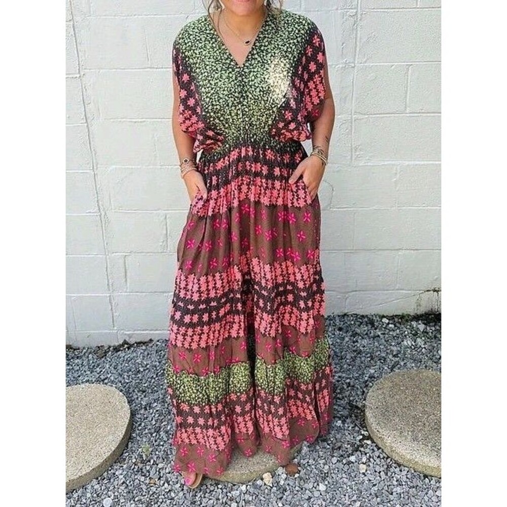 Talulah Womens Small Floral Maxi Dress Pocket Dolman Sleeve V Neck Smocked Waist